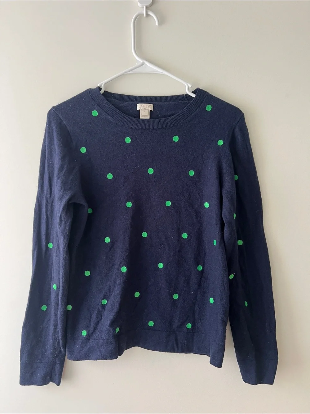J. Crew Navy Crewneck Sweater with Green Polka Dots